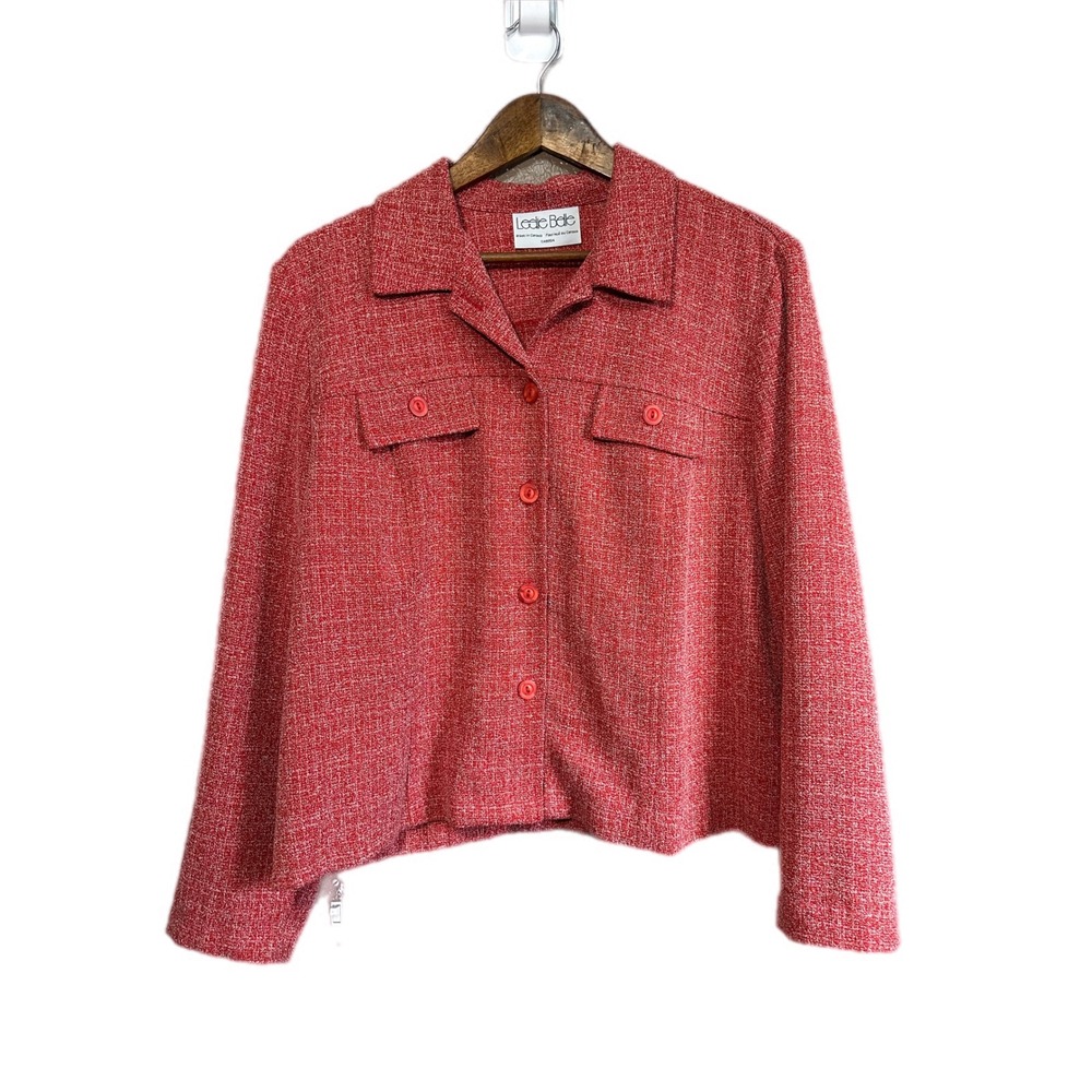 Leslie Belle Textured Tweed Jacket Women XL Red Excellent Button Front Shacket